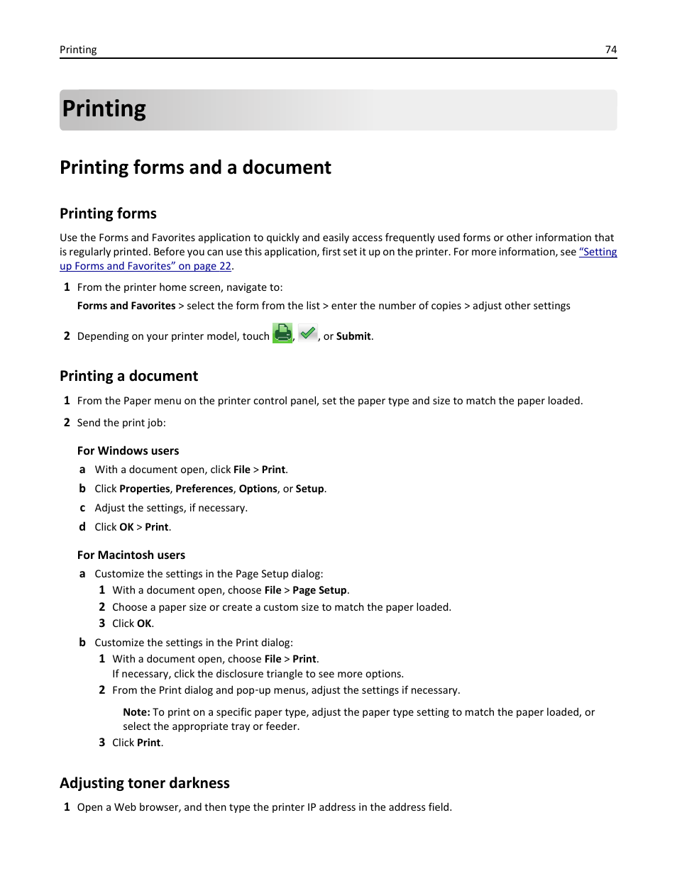 Printing, Printing forms and a document, Printing forms | Printing a document, Adjusting toner darkness | Dell B3465dnf Mono Laser Multifunction Printer User Manual | Page 74 / 315