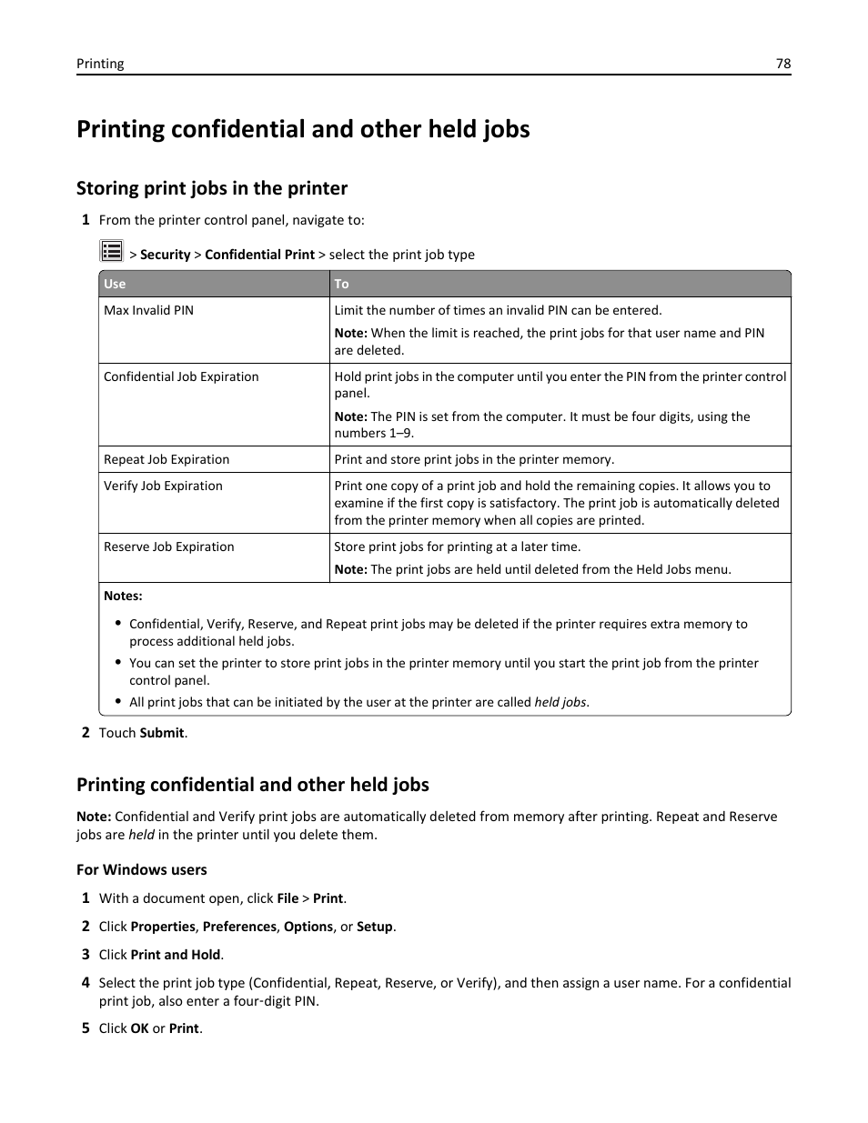 Printing confidential and other held jobs, Storing print jobs in the printer | Dell B3465dnf Mono Laser Multifunction Printer User Manual | Page 78 / 315