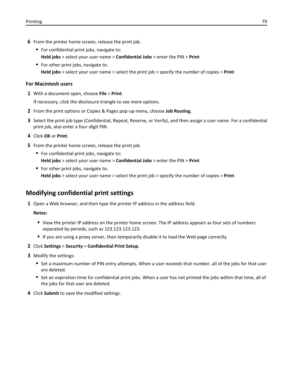 Modifying confidential print settings | Dell B3465dnf Mono Laser Multifunction Printer User Manual | Page 79 / 315