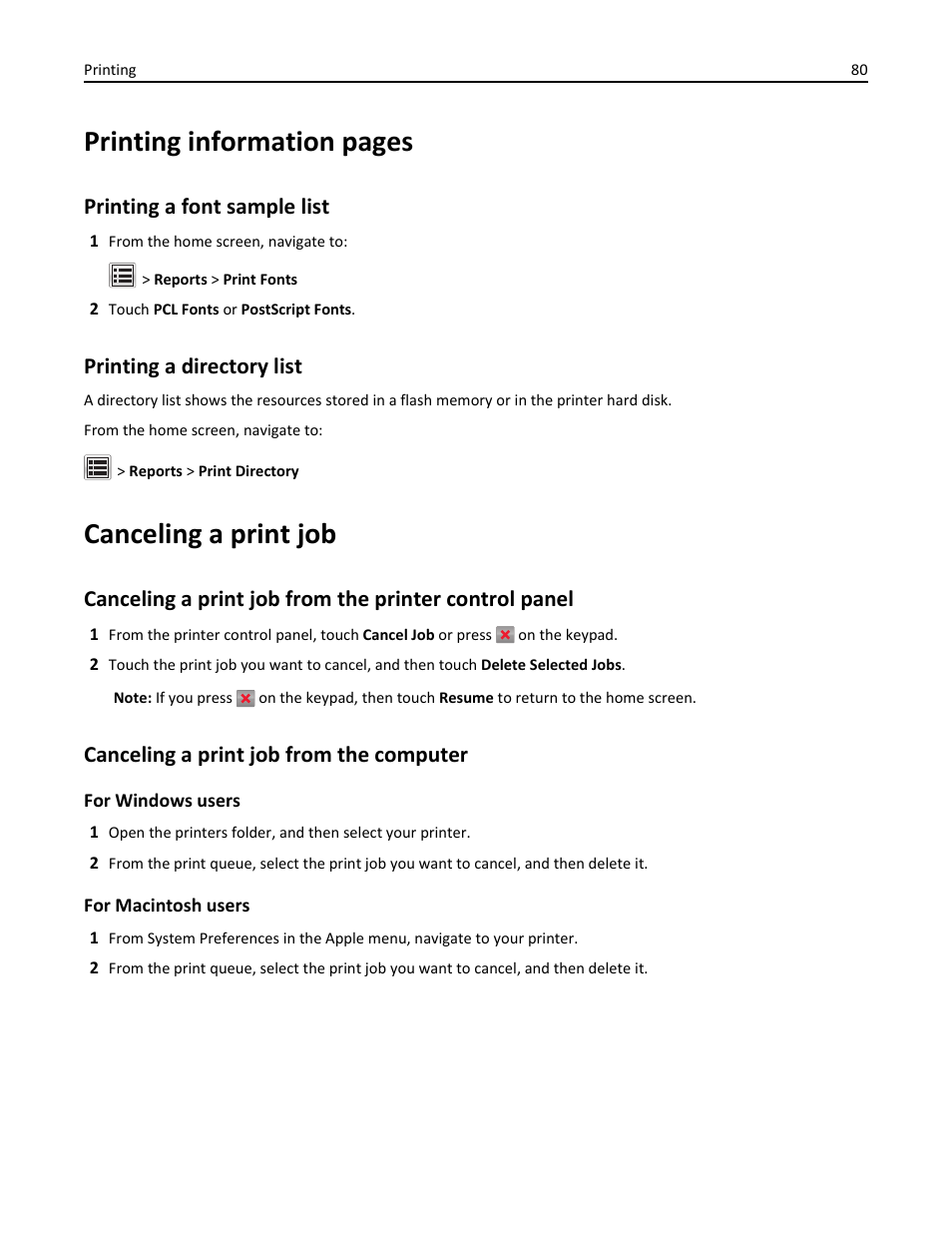 Printing a font sample list, Printing a directory list, Canceling a print job | Canceling a print job from the computer, Printing information pages | Dell B3465dnf Mono Laser Multifunction Printer User Manual | Page 80 / 315