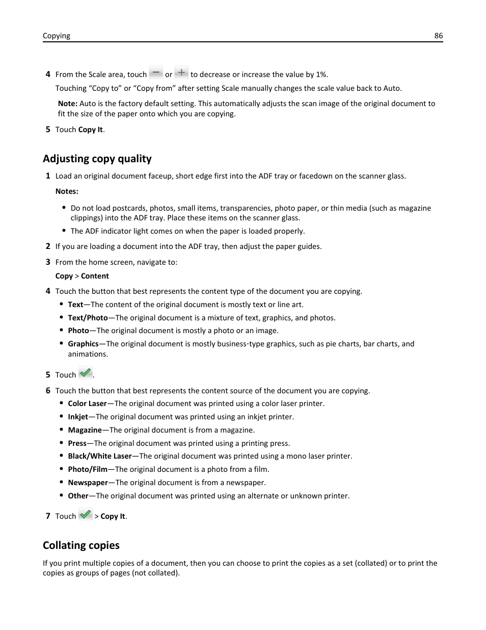 Adjusting copy quality, Collating copies | Dell B3465dnf Mono Laser Multifunction Printer User Manual | Page 86 / 315