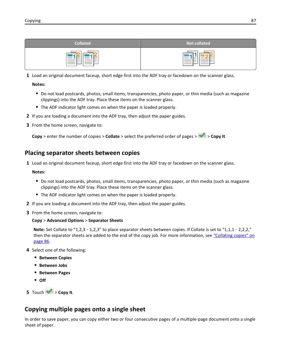 Placing separator sheets between copies, Copying multiple pages onto a single sheet | Dell B3465dnf Mono Laser Multifunction Printer User Manual | Page 87 / 315