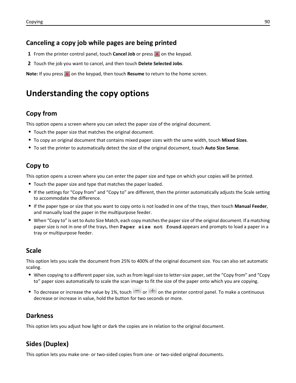 Understanding the copy options, Copy from, Copy to | Scale, Darkness, Sides (duplex), Canceling a copy job while pages are being printed | Dell B3465dnf Mono Laser Multifunction Printer User Manual | Page 90 / 315