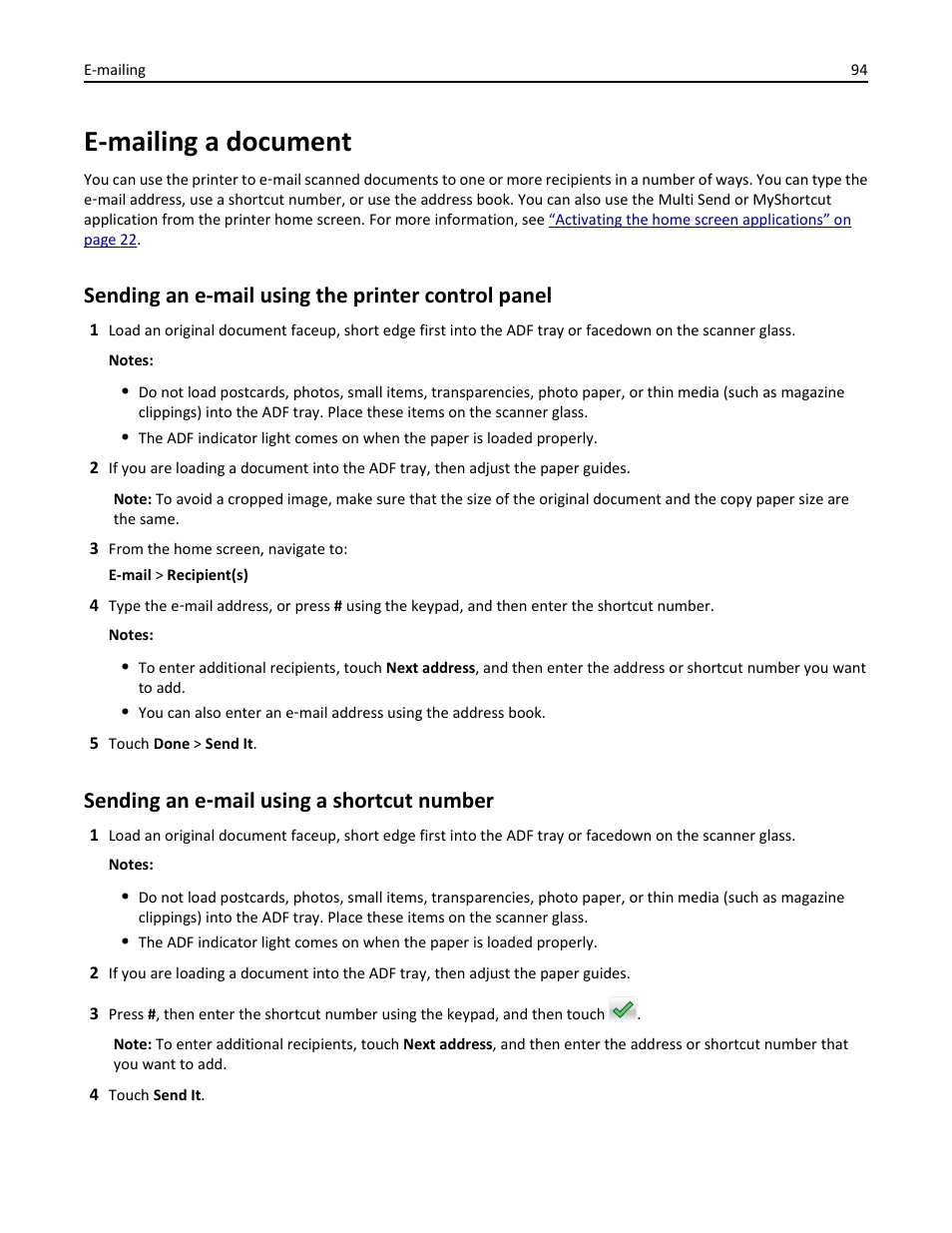 E-mailing a document, Sending an e-mail using the printer control panel, Sending an e-mail using a shortcut number | Sending an e ‑ mail using a shortcut number | Dell B3465dnf Mono Laser Multifunction Printer User Manual | Page 94 / 315