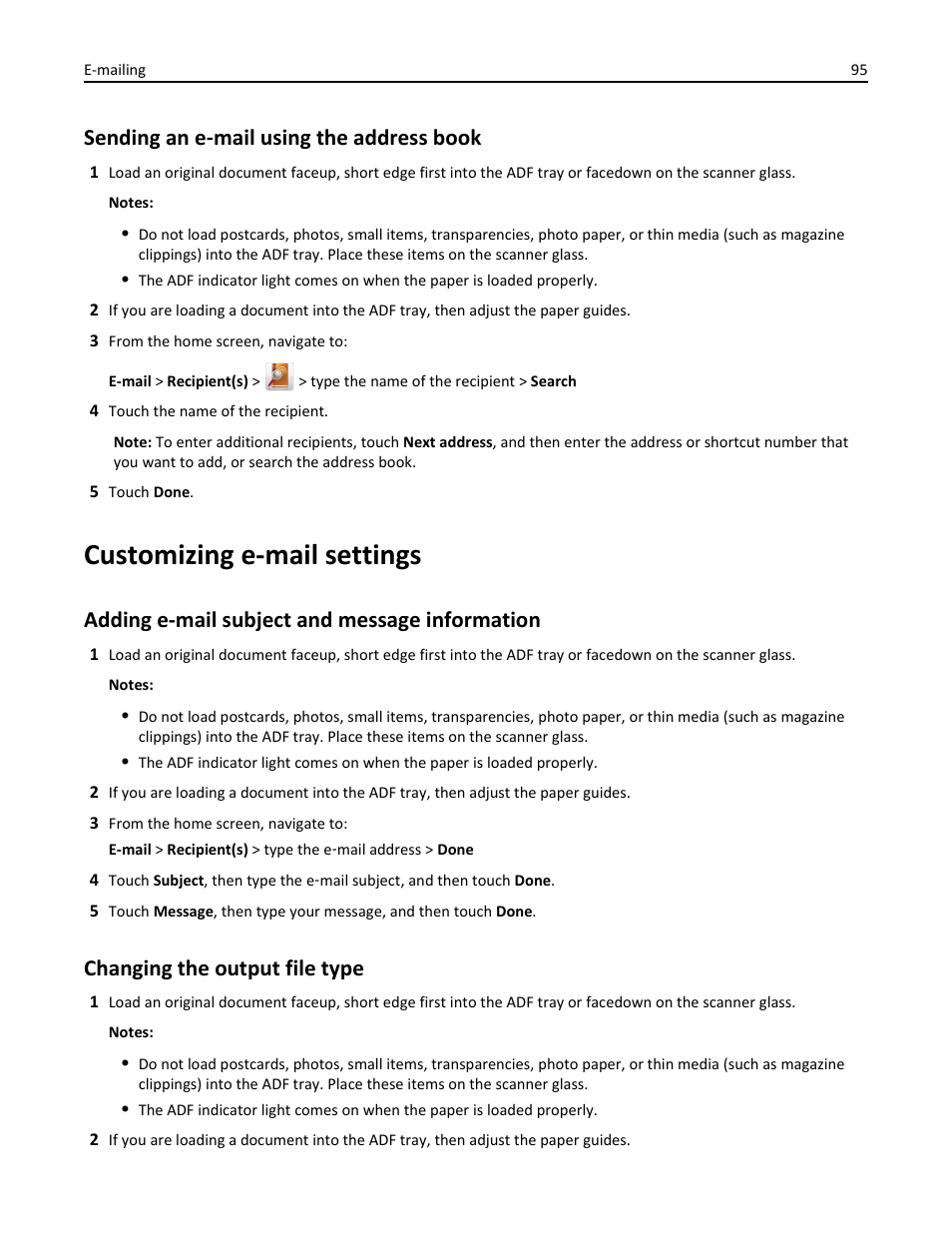 Sending an e-mail using the address book, Customizing e-mail settings, Adding e-mail subject and message information | Changing the output file type, Sending an e ‑ mail using the address book | Dell B3465dnf Mono Laser Multifunction Printer User Manual | Page 95 / 315