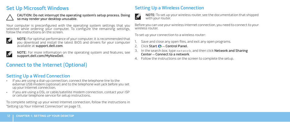 Set up microsoft windows, Connect to the internet (optional), Setting up a wireless connection | Setting up a wired connection | Dell Alienware Aurora R2 (Early 2010) User Manual | Page 12 / 68