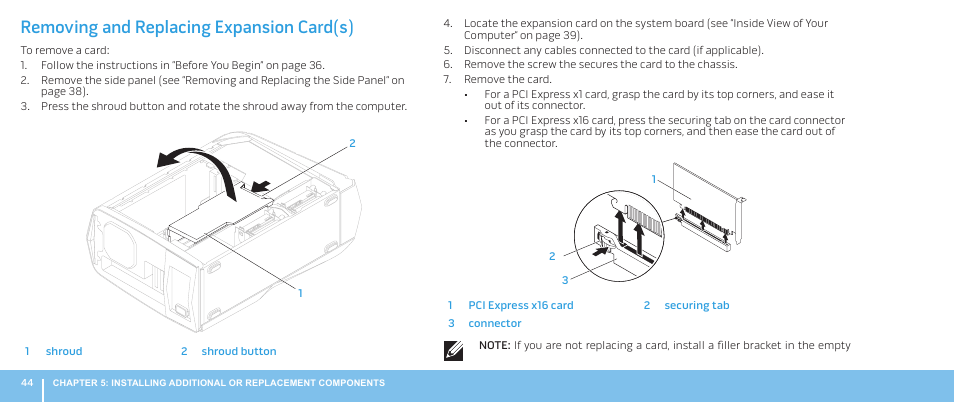 Removing and replacing expansion card(s) | Dell Alienware Aurora R2 (Early 2010) User Manual | Page 44 / 68