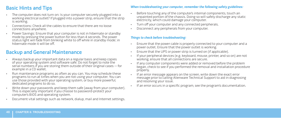 Basic hints and tips, Backup and general maintenance | Dell Alienware Aurora R2 (Early 2010) User Manual | Page 48 / 68