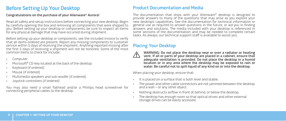 Before setting up your desktop, Product documentation and media, Placing your desktop | Dell Alienware Aurora R2 (Early 2010) User Manual | Page 8 / 68