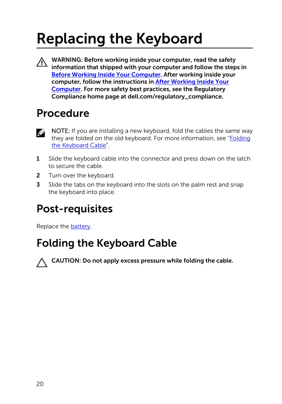 Replacing the keyboard, Procedure, Post-requisites | Folding the keyboard cable | Dell Inspiron 14 (3441, Mid 2014) User Manual | Page 20 / 84