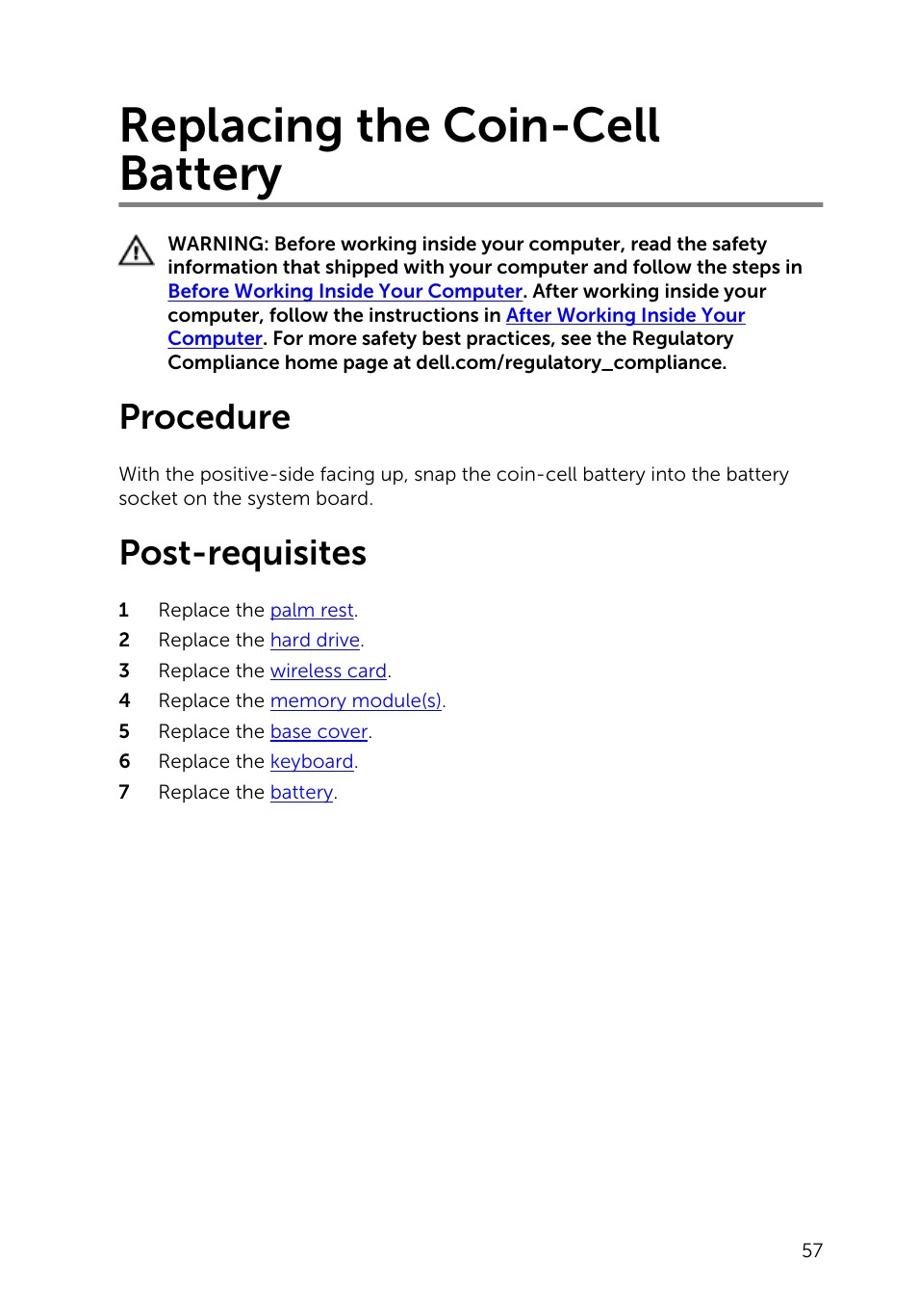 Replacing the coin-cell battery, Procedure, Post-requisites | Dell Inspiron 14 (3441, Mid 2014) User Manual | Page 57 / 84