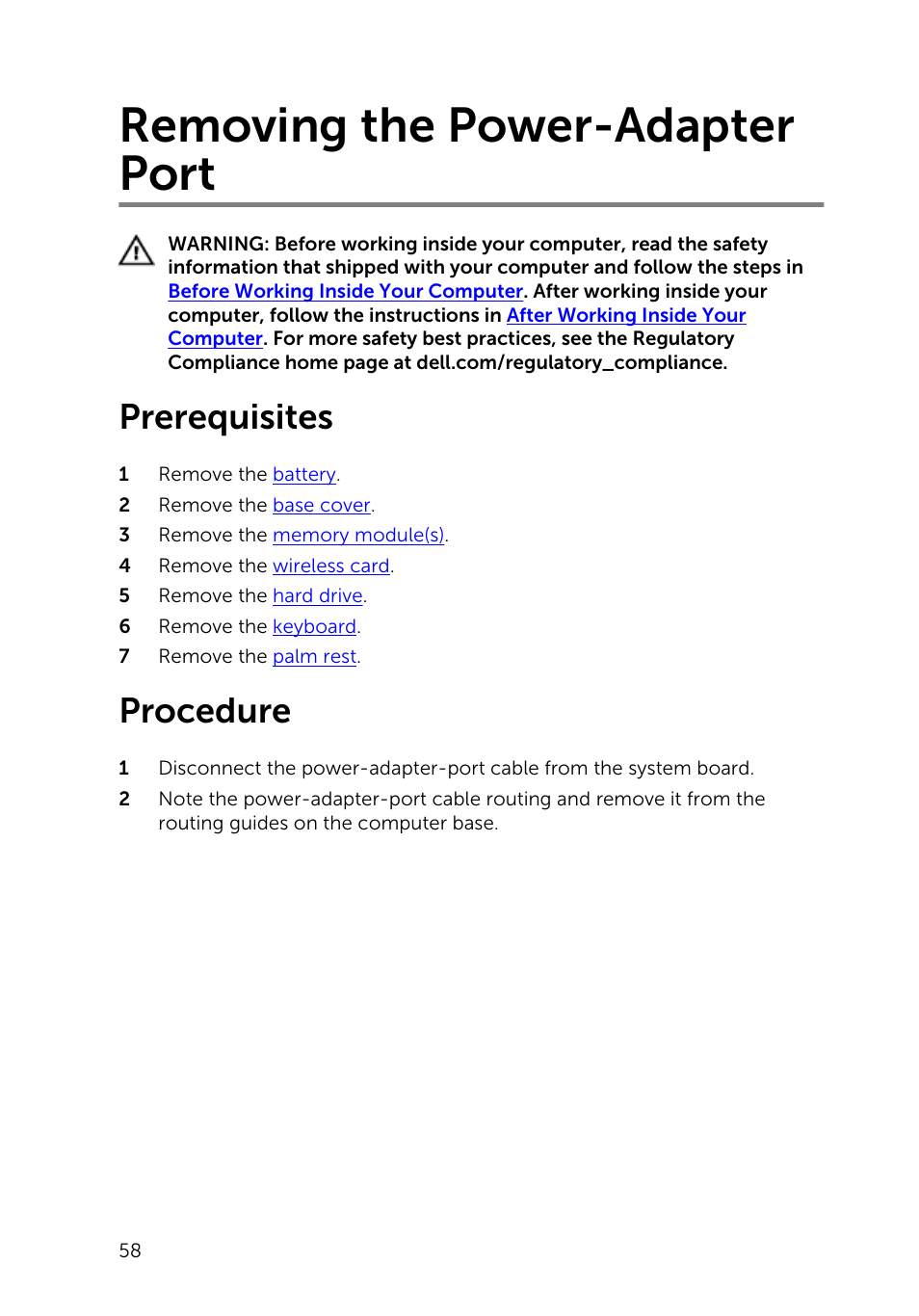 Removing the power-adapter port, Prerequisites, Procedure | Dell Inspiron 14 (3441, Mid 2014) User Manual | Page 58 / 84