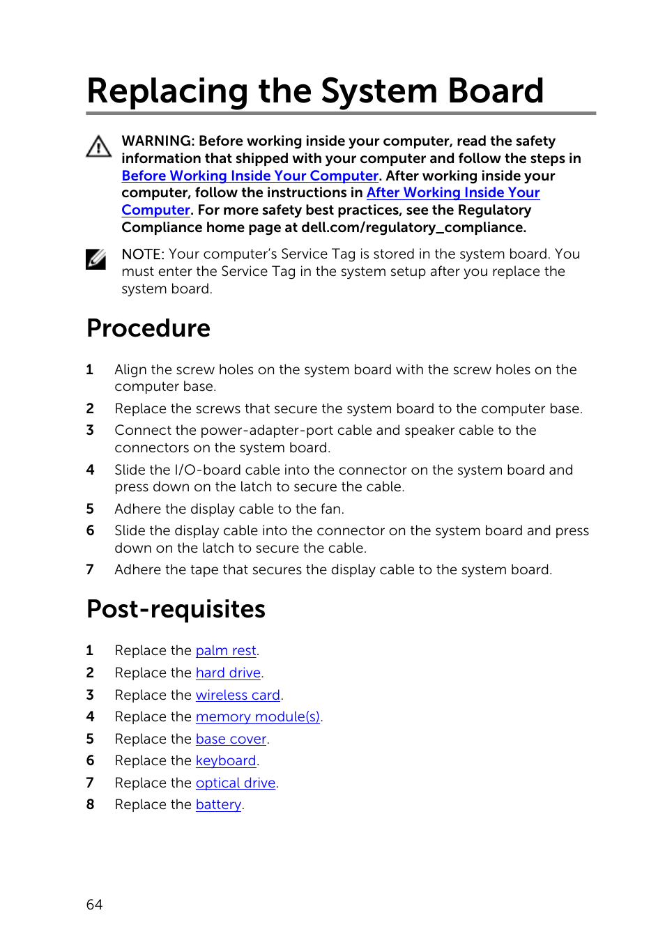 Replacing the system board, Procedure, Post-requisites | Dell Inspiron 14 (3441, Mid 2014) User Manual | Page 64 / 84