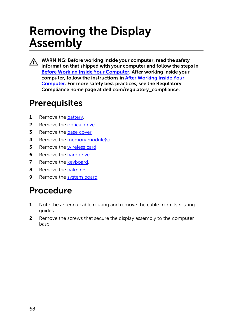 Removing the display assembly, Prerequisites, Procedure | Dell Inspiron 14 (3441, Mid 2014) User Manual | Page 68 / 84