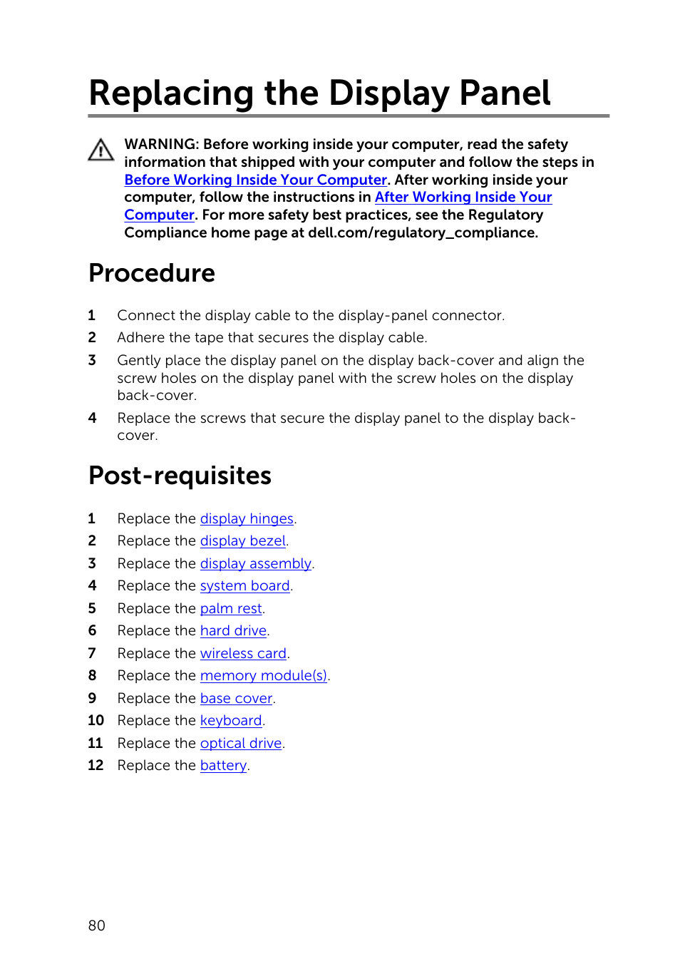 Replacing the display panel, Procedure, Post-requisites | Dell Inspiron 14 (3441, Mid 2014) User Manual | Page 80 / 84