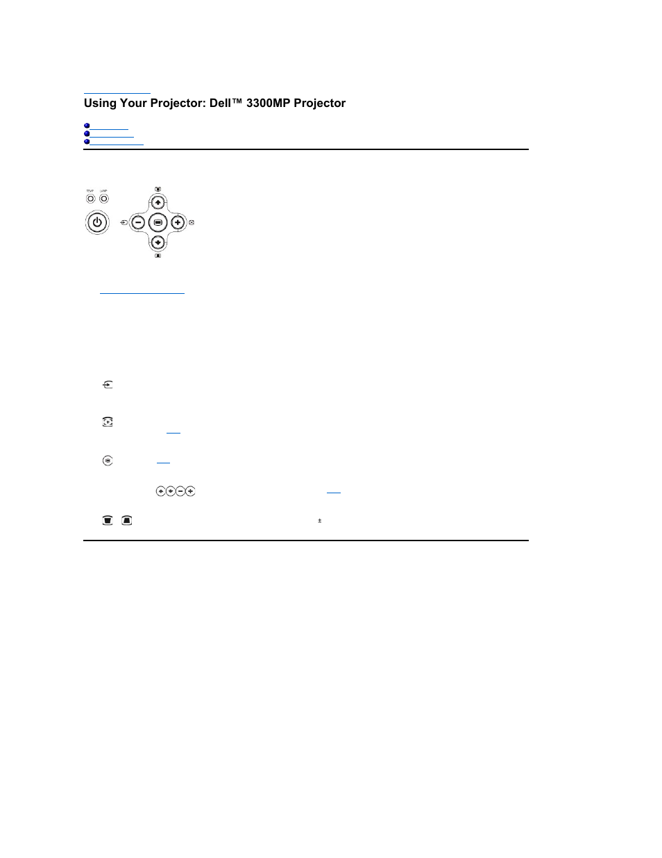 Using your projector: dell™ 3300mp projector, Control panel, Remote control | Dell Projector 3300MP User Manual | Page 30 / 40