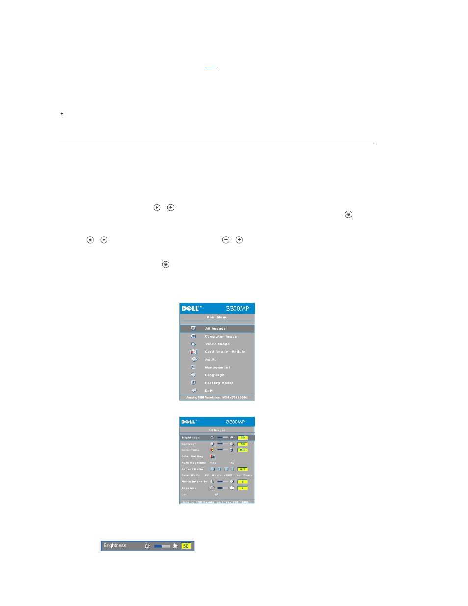 On-screen display, Will not operate if the, Can be used to toggle through the tabs in the | Button to activate the | Dell Projector 3300MP User Manual | Page 32 / 40