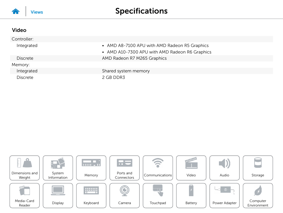 Video, Specifications | Dell Inspiron 15 (5545, Mid 2014) User Manual | Page 12 / 22