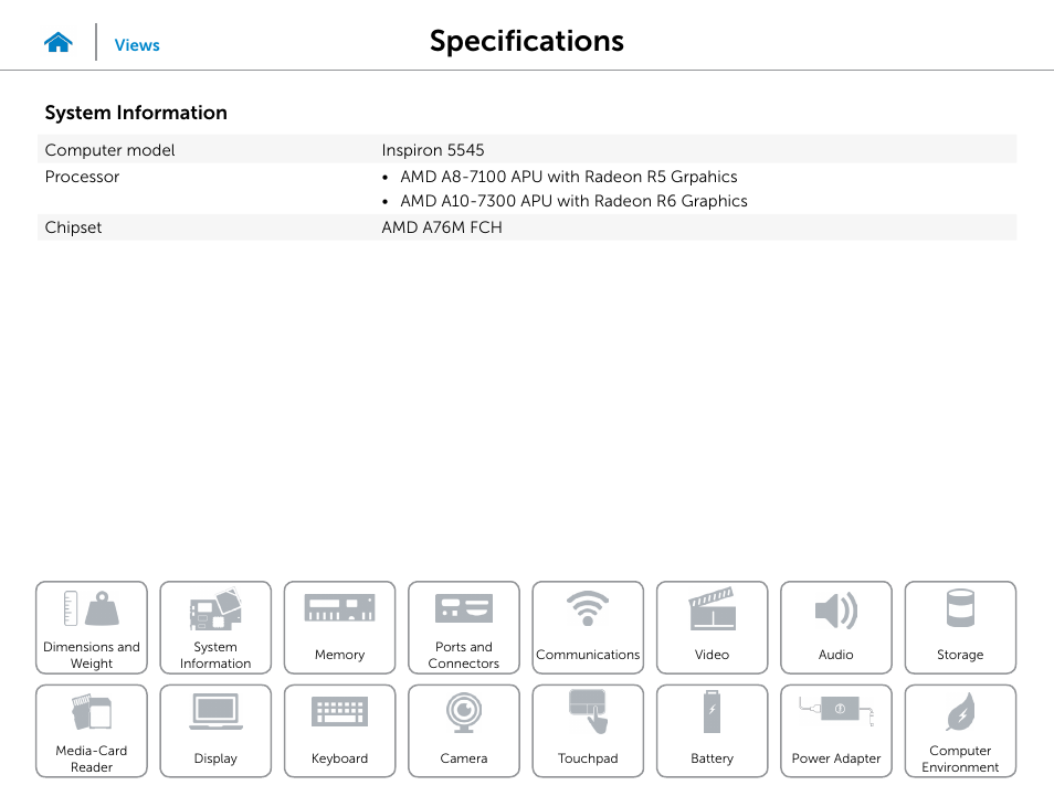 System, Information, Specifications | System information | Dell Inspiron 15 (5545, Mid 2014) User Manual | Page 8 / 22