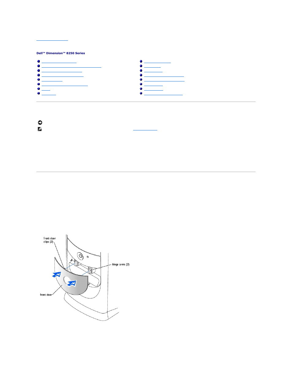 Adding and replacing parts, Turning off the computer, Reattaching the front door and hinge arms | Reattaching the front door, Reattaching the hinge arms | Dell Dimension 8250 User Manual | Page 12 / 55