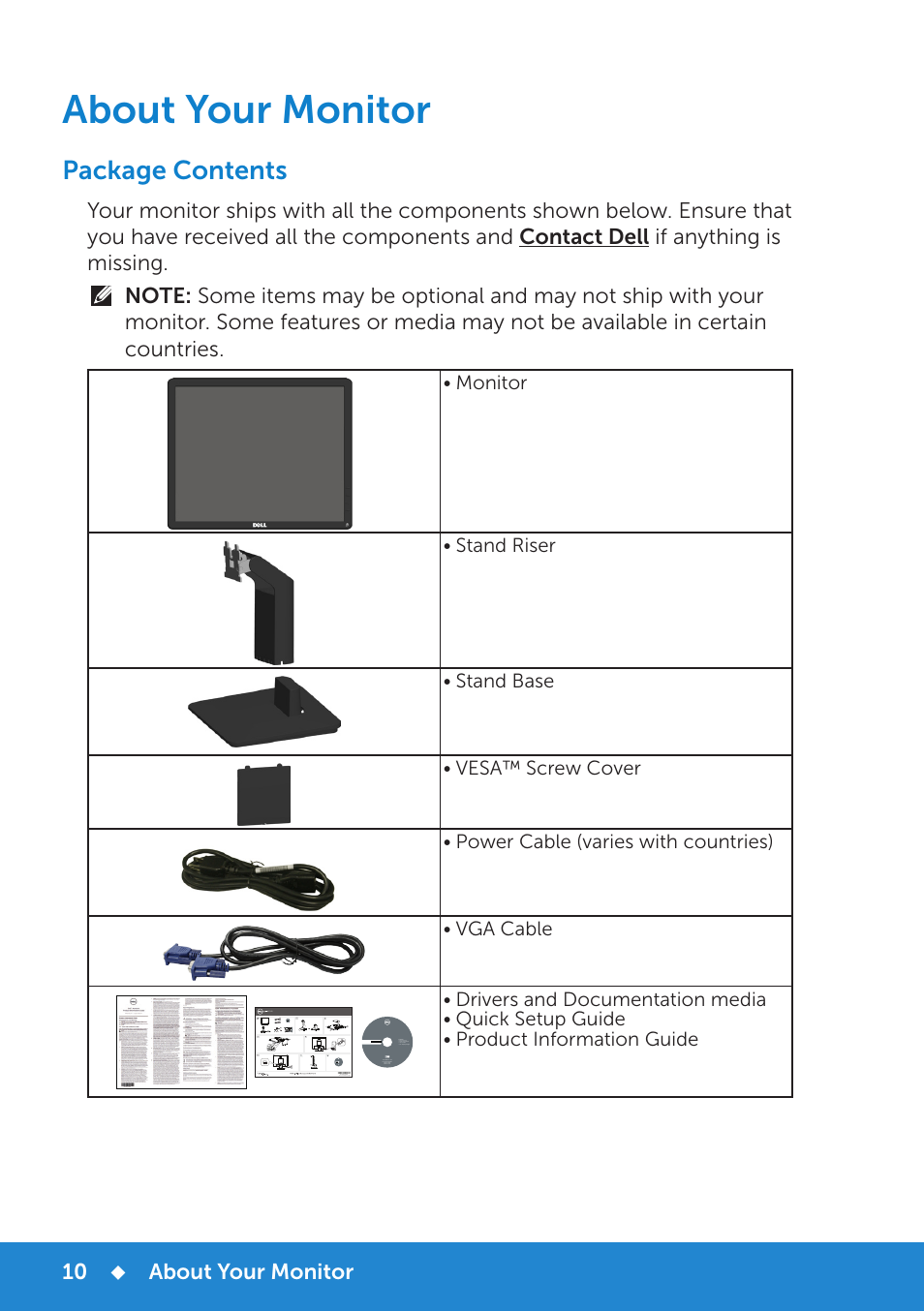 About your monitor, Package contents | Dell E1715S Monitor User Manual | Page 10 / 64