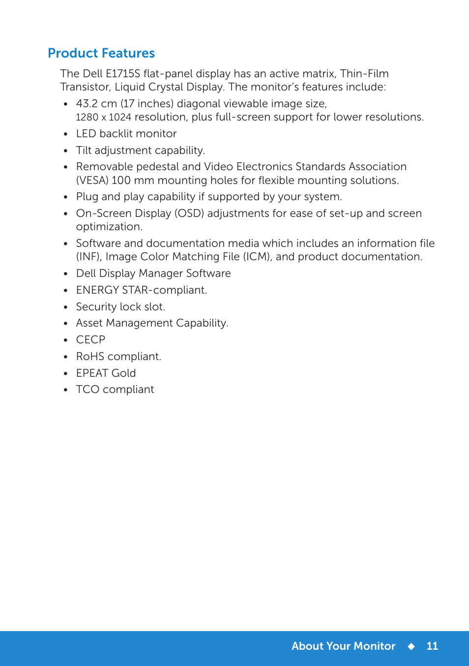 Product features | Dell E1715S Monitor User Manual | Page 11 / 64