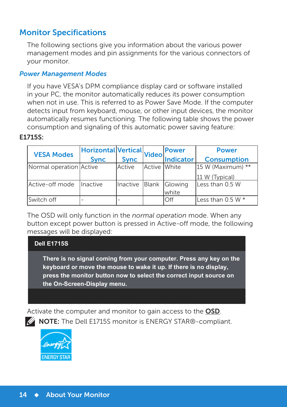 Monitor specifications, Power management modes | Dell E1715S Monitor User Manual | Page 14 / 64