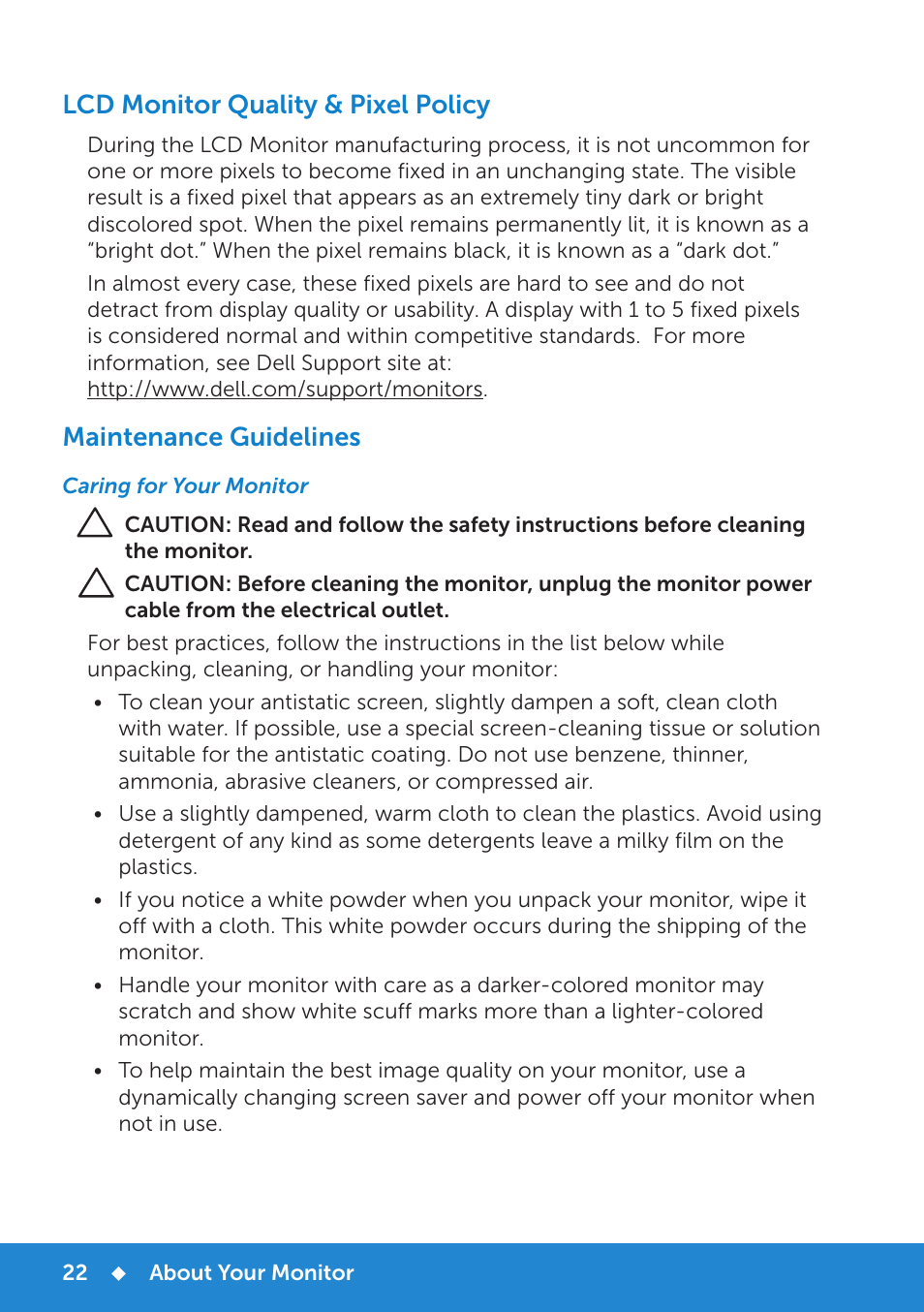 Lcd monitor quality & pixel policy, Maintenance guidelines, Caring for your monitor | Dell E1715S Monitor User Manual | Page 22 / 64
