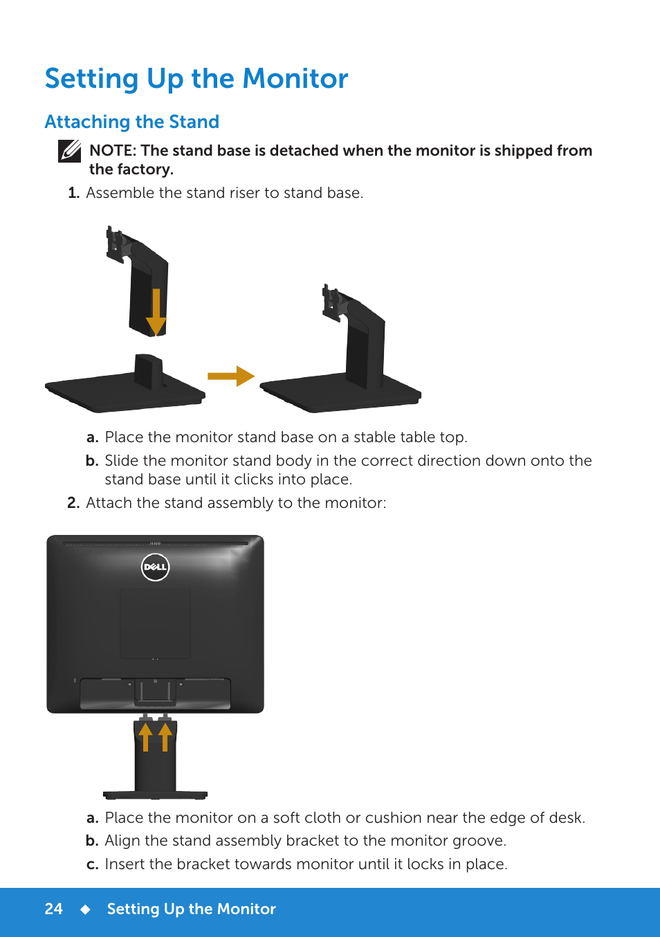 Setting up the monitor, Attaching the stand | Dell E1715S Monitor User Manual | Page 24 / 64