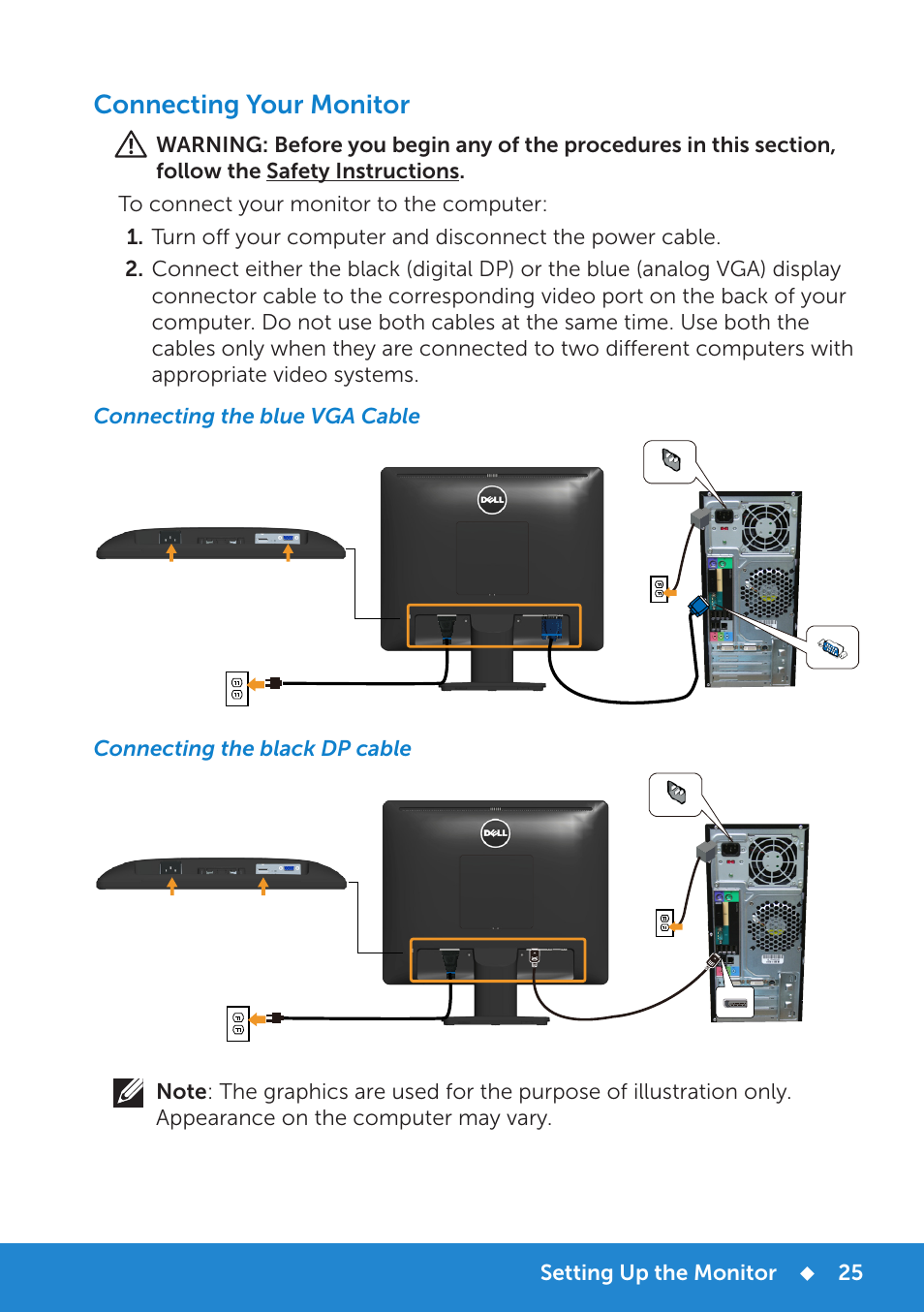 Connecting your monitor, Connecting the blue vga cable, Connecting the black dp cable | Dell E1715S Monitor User Manual | Page 25 / 64