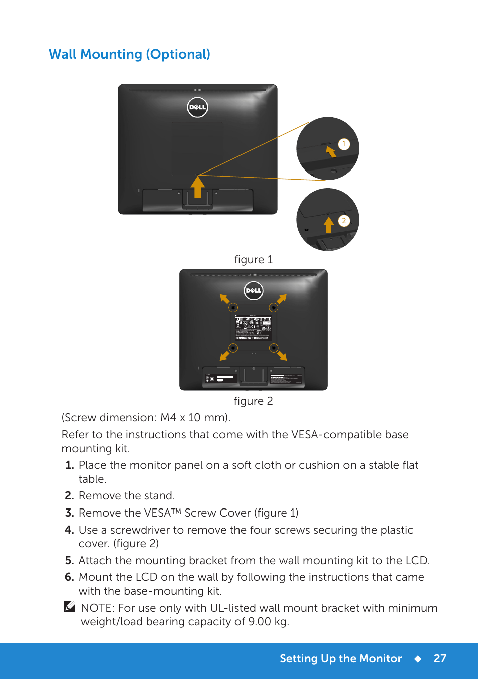 Wall mounting (optional), Setting up the monitor, Figure 1 | Dell E1715S Monitor User Manual | Page 27 / 64
