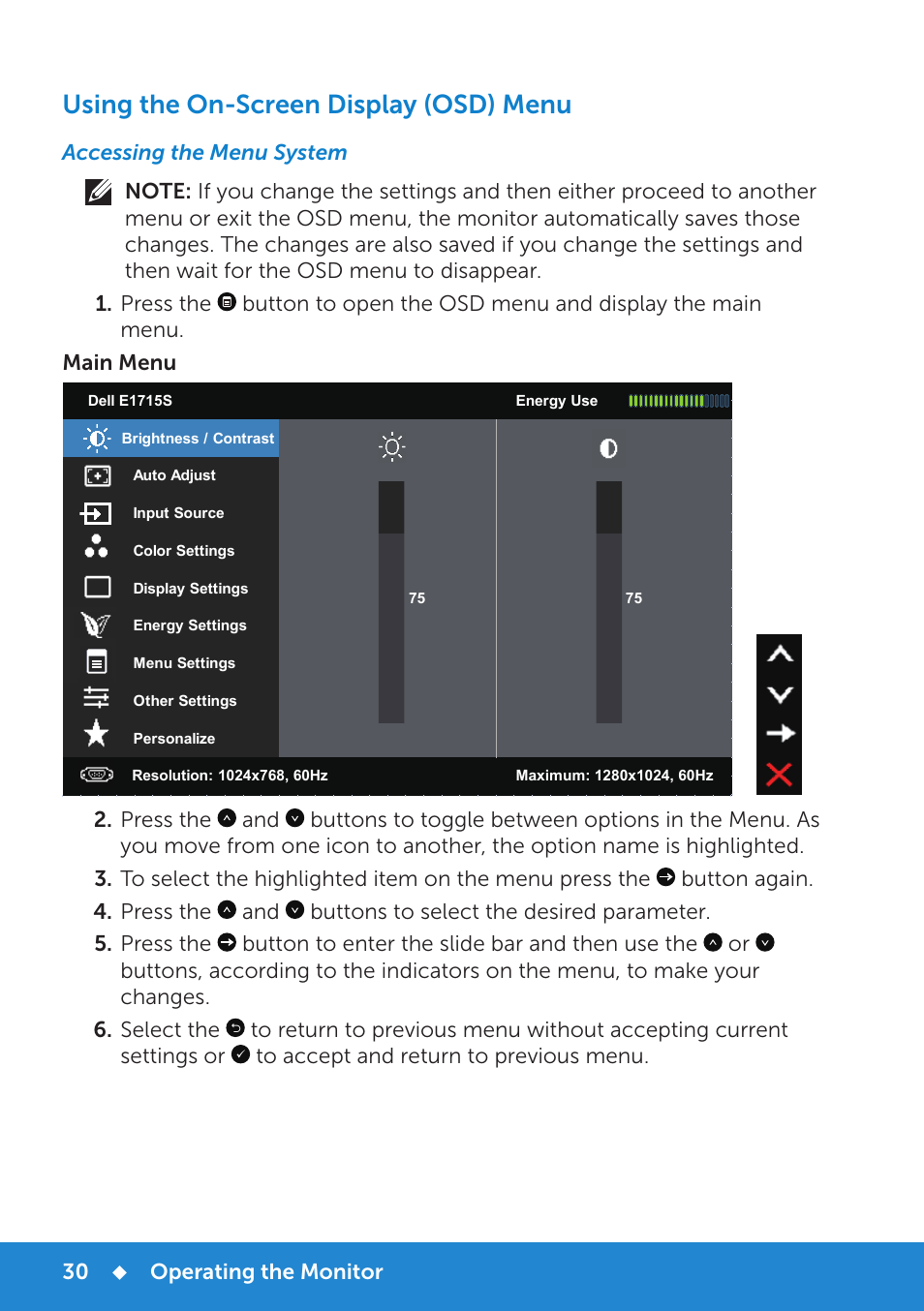 Using the on-screen display (osd) menu, Accessing the menu system | Dell E1715S Monitor User Manual | Page 30 / 64