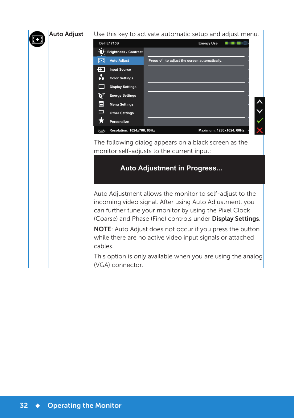 Operating the monitor, Auto adjustment in progress | Dell E1715S Monitor User Manual | Page 32 / 64
