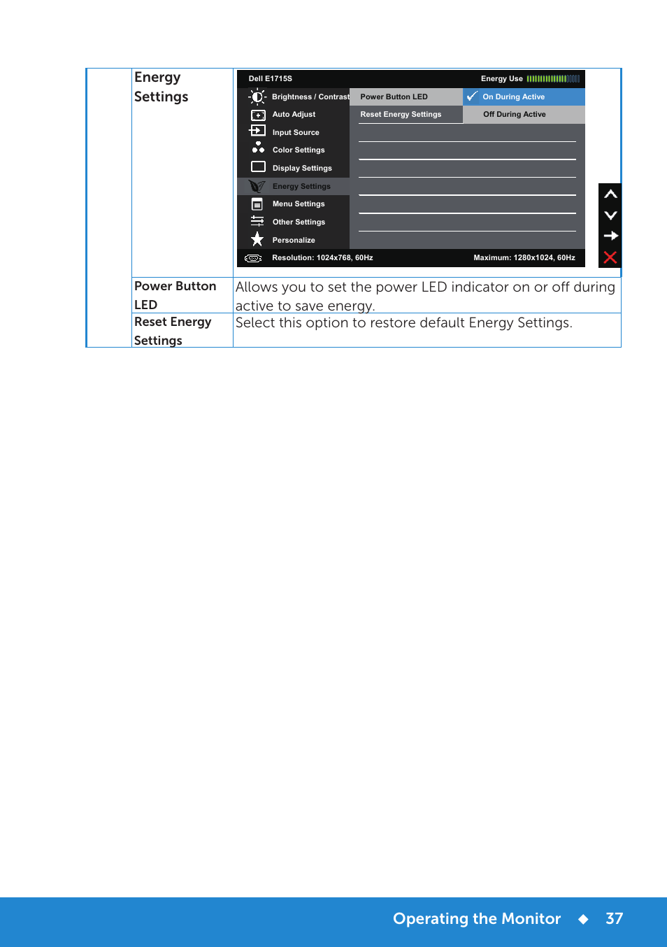 Operating the monitor, Energy settings, Power button led | Reset energy settings | Dell E1715S Monitor User Manual | Page 37 / 64