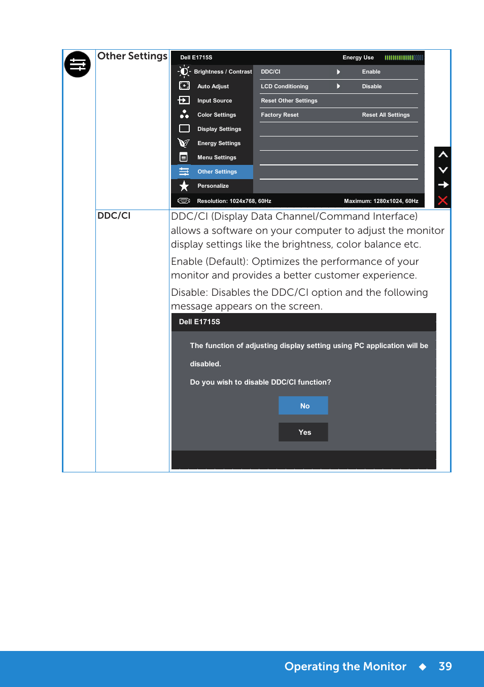 Operating the monitor, Other settings, Ddc/ci | Dell E1715S Monitor User Manual | Page 39 / 64