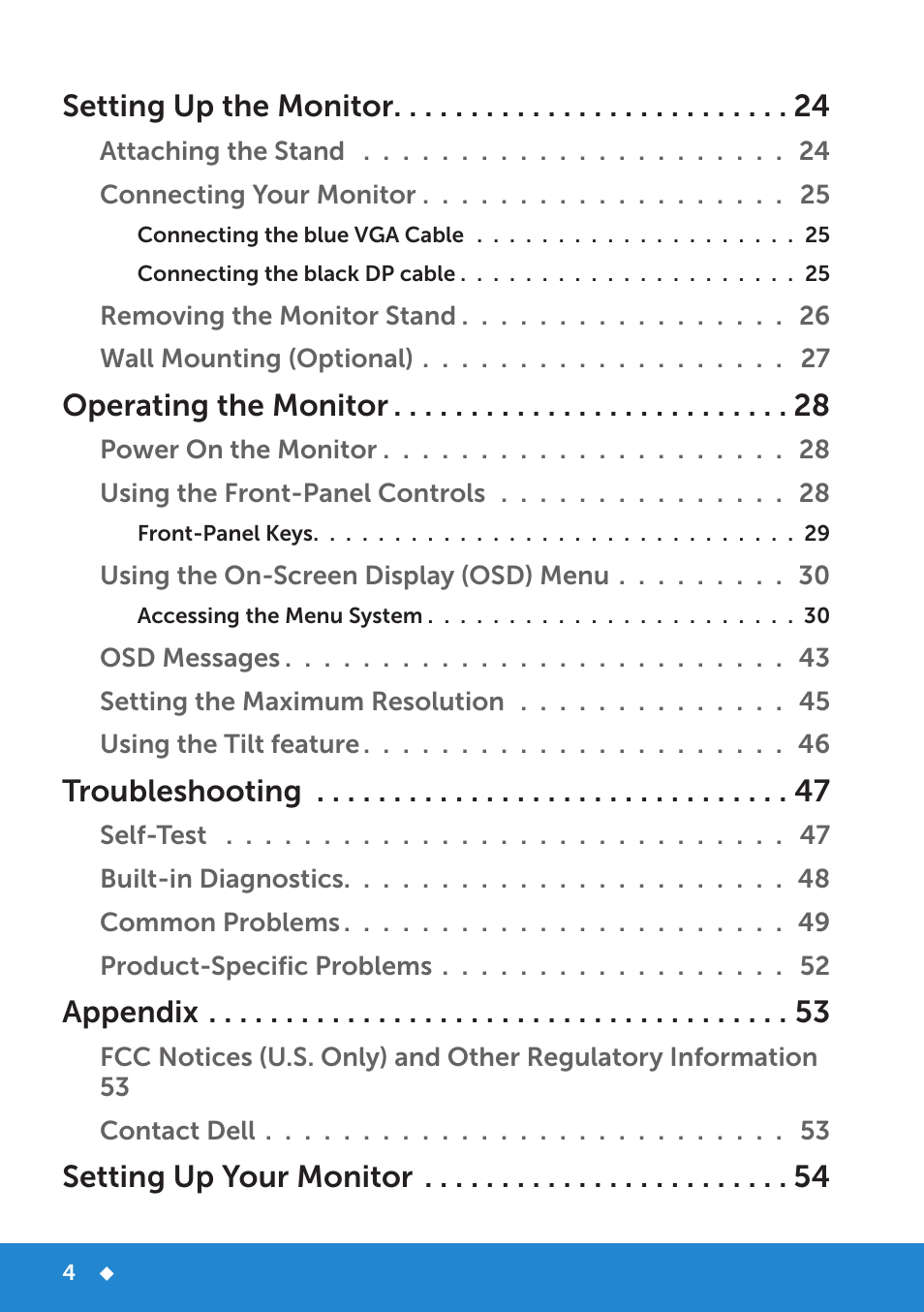 Setting up the monitor, Operating the monitor, Troubleshooting | Appendix, Setting up your monitor | Dell E1715S Monitor User Manual | Page 4 / 64