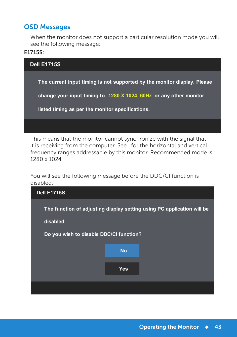 Osd messages | Dell E1715S Monitor User Manual | Page 43 / 64