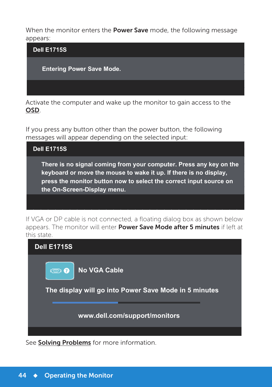 No vga cable dell e1715s | Dell E1715S Monitor User Manual | Page 44 / 64