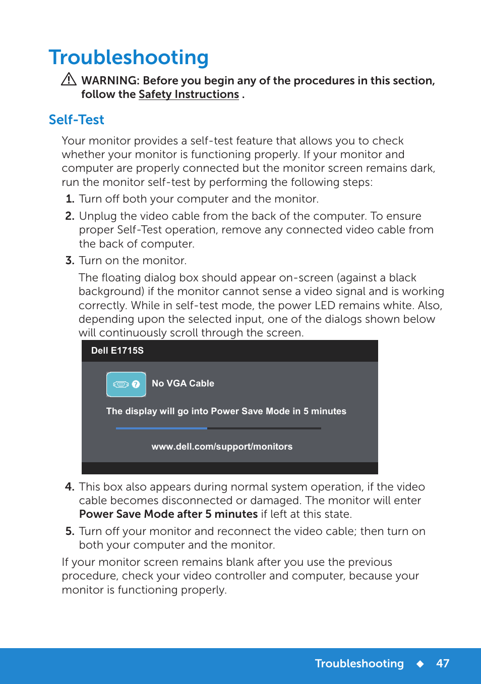 Troubleshooting, Self-test | Dell E1715S Monitor User Manual | Page 47 / 64