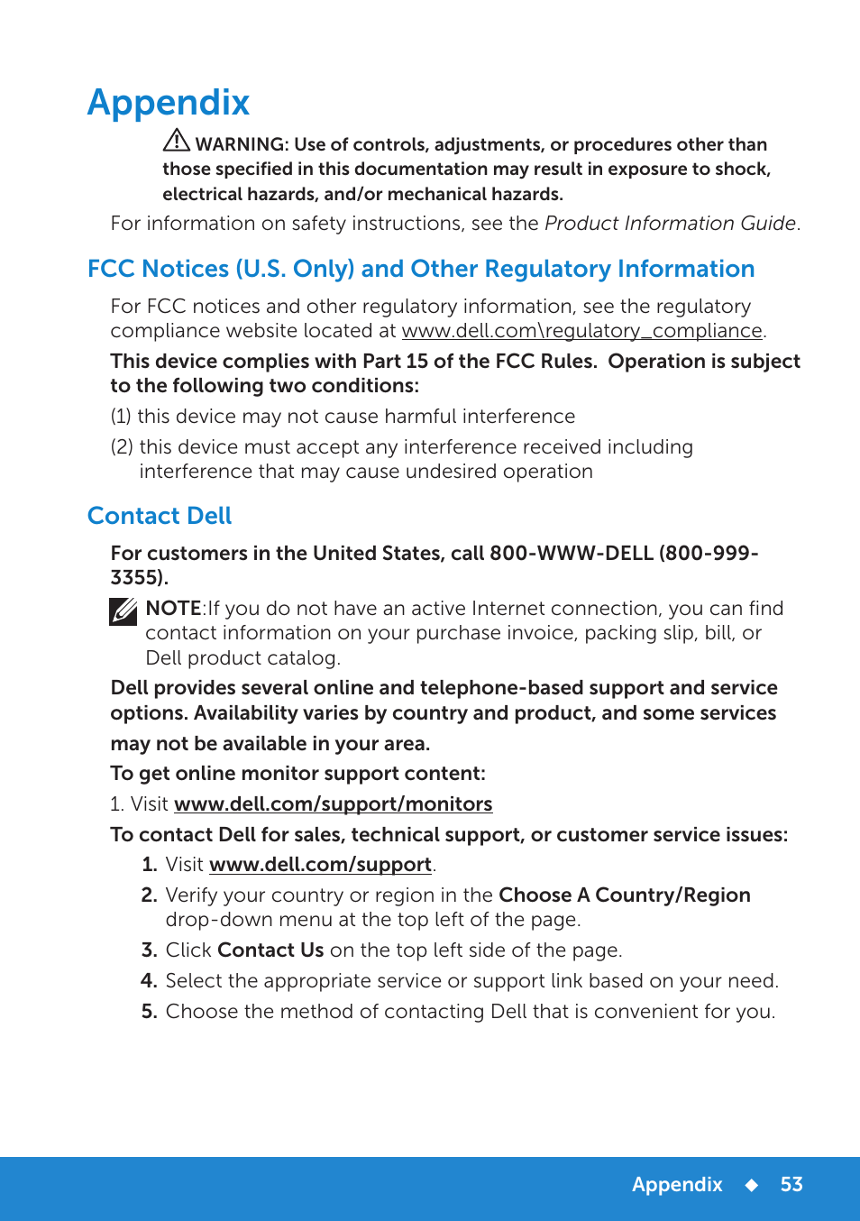Appendix, Contact dell | Dell E1715S Monitor User Manual | Page 53 / 64