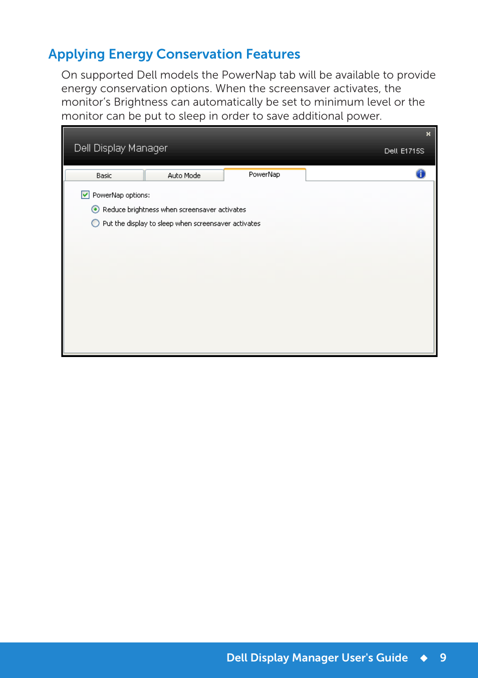 Applying energy conservation features | Dell E1715S Monitor User Manual | Page 9 / 64