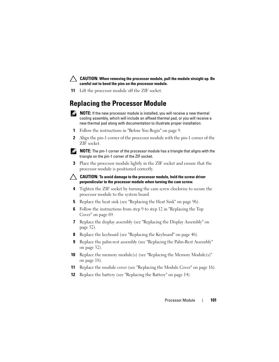 11 lift the processor module off the zif socket, Replacing the processor module | Dell XPS 15 (L501X, Late 2010) User Manual | Page 101 / 114