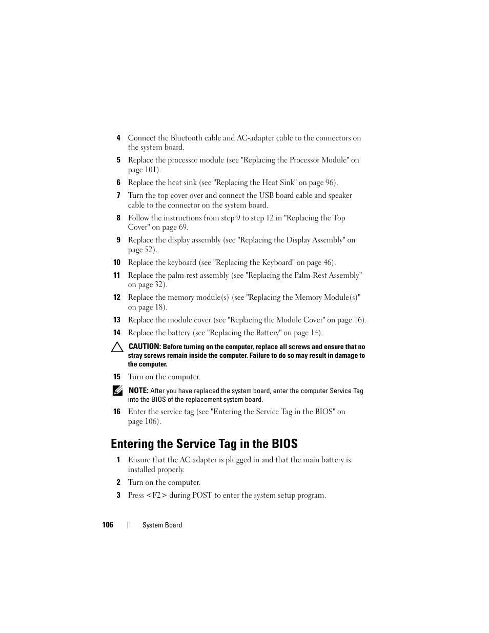 15 turn on the computer, Entering the service tag in the bios, 2 turn on the computer | Dell XPS 15 (L501X, Late 2010) User Manual | Page 106 / 114