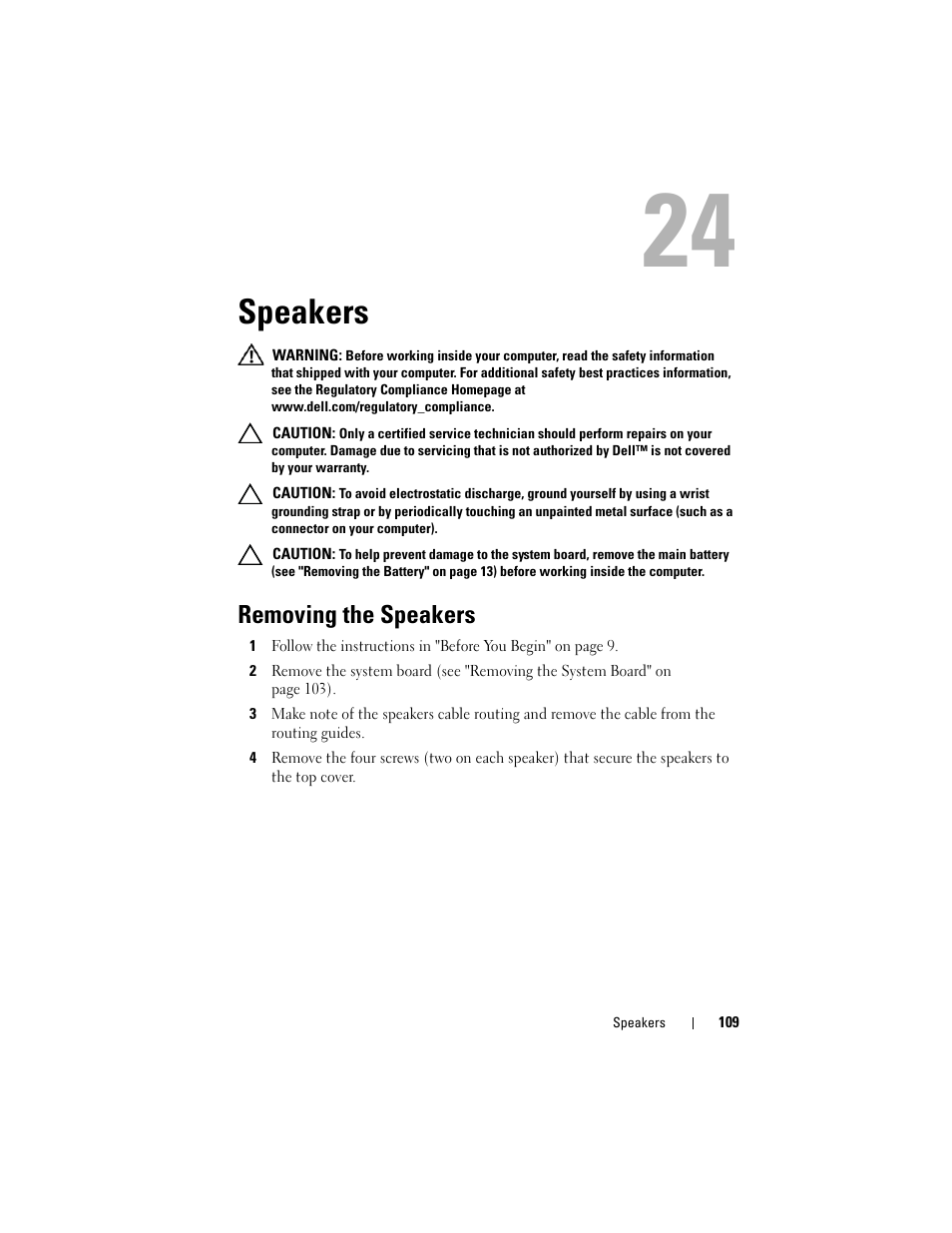 Speakers, Removing the speakers | Dell XPS 15 (L501X, Late 2010) User Manual | Page 109 / 114