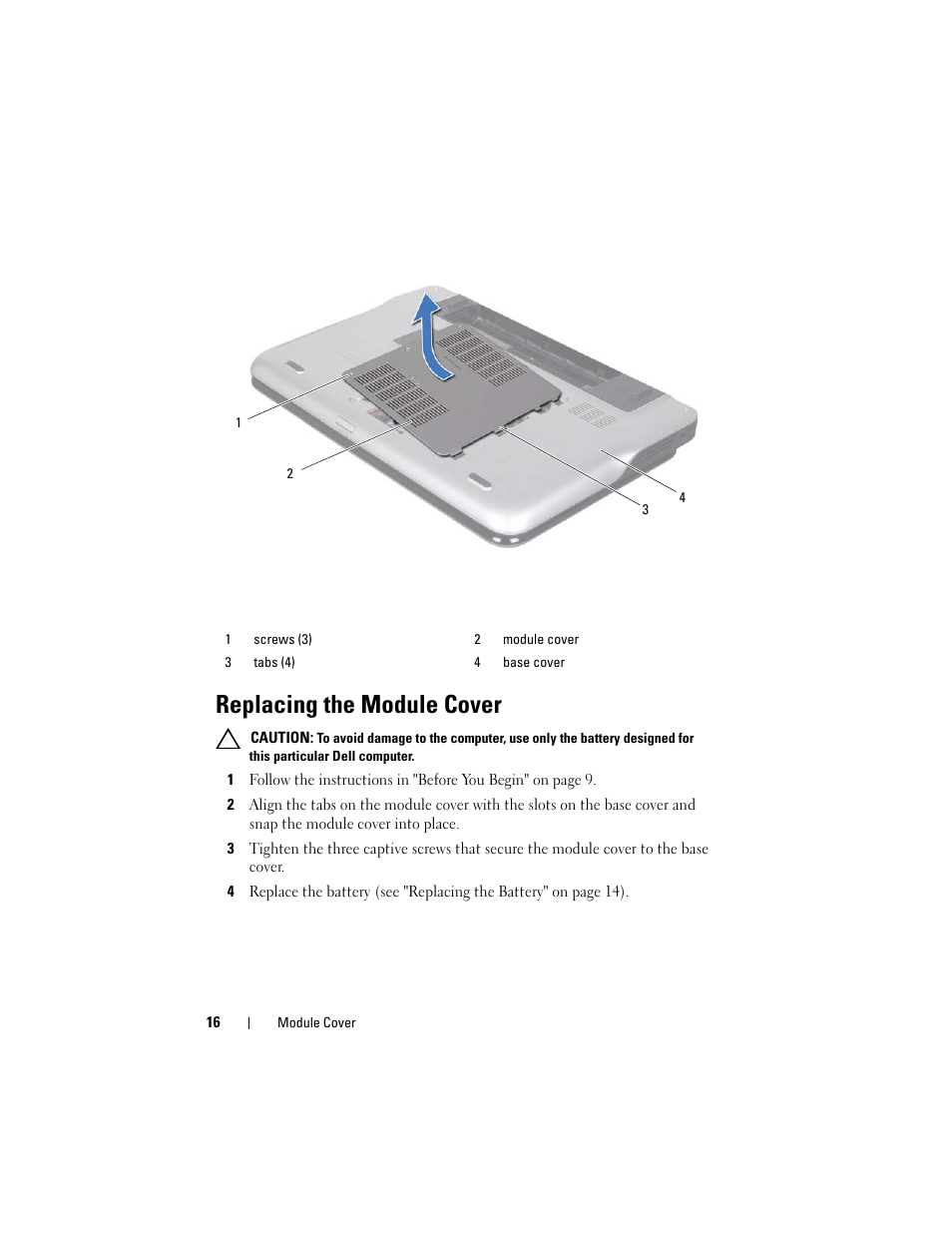 Replacing the module cover | Dell XPS 15 (L501X, Late 2010) User Manual | Page 16 / 114