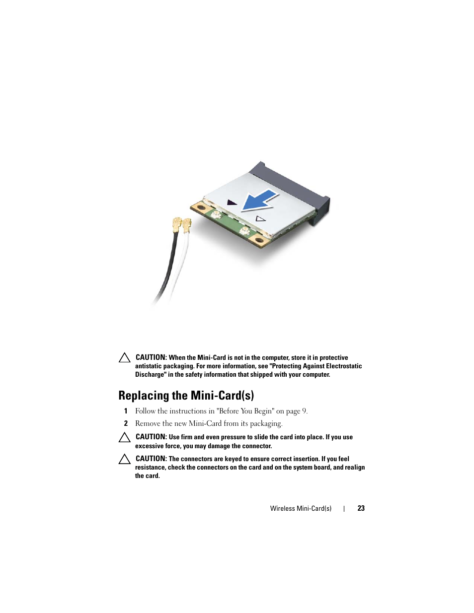 Replacing the mini-card(s), 2 remove the new mini-card from its packaging | Dell XPS 15 (L501X, Late 2010) User Manual | Page 23 / 114