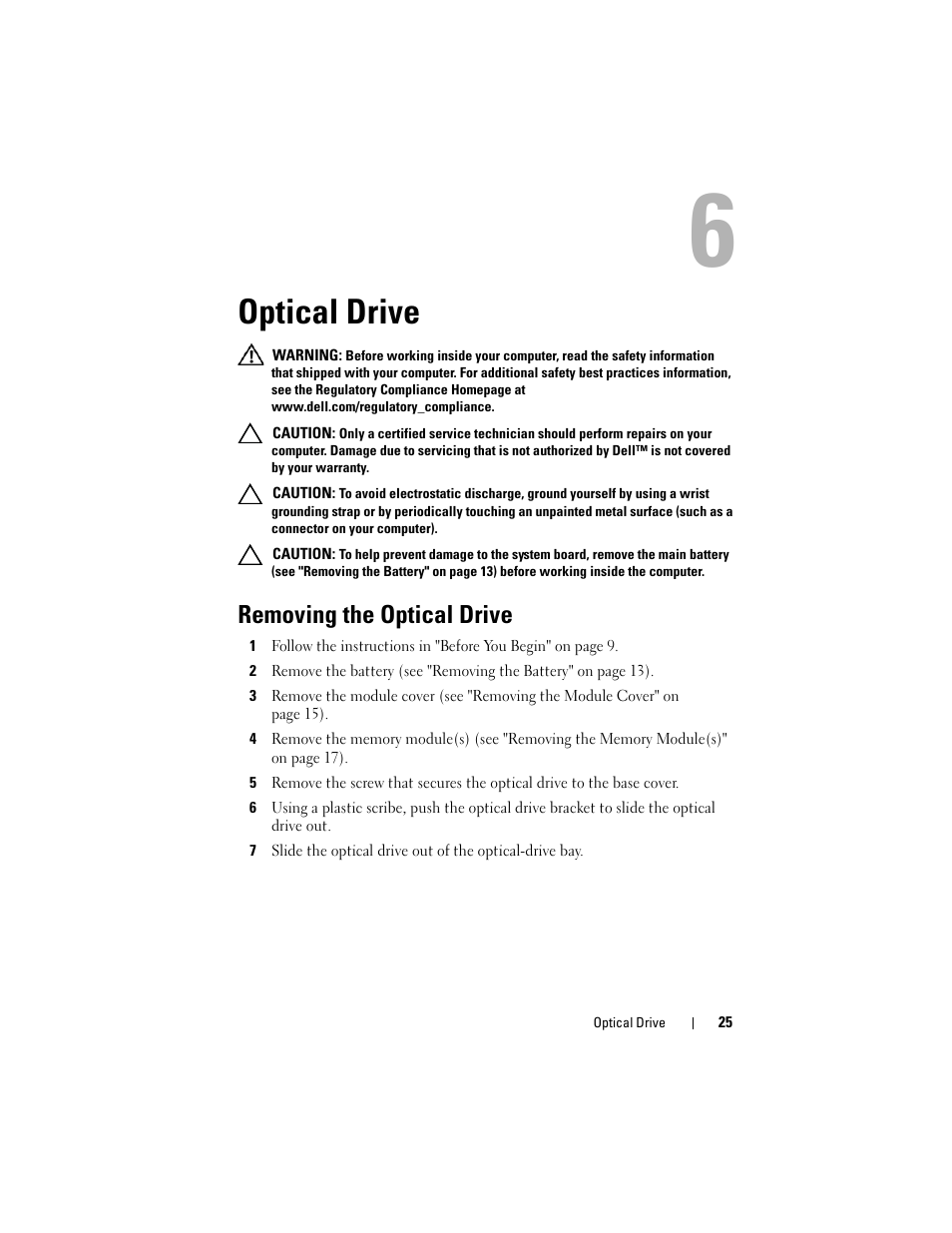 Optical drive, Removing the optical drive | Dell XPS 15 (L501X, Late 2010) User Manual | Page 25 / 114