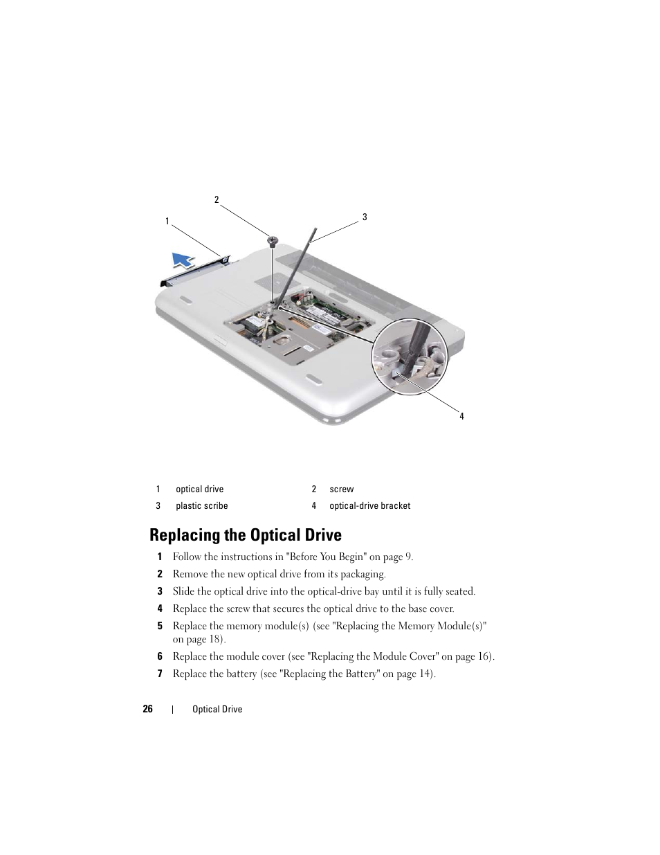 Replacing the optical drive, 2 remove the new optical drive from its packaging | Dell XPS 15 (L501X, Late 2010) User Manual | Page 26 / 114