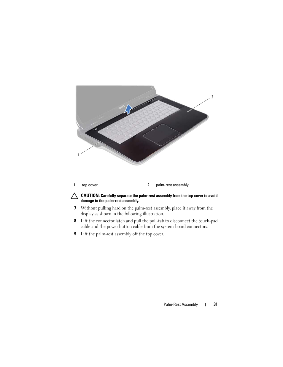 9 lift the palm-rest assembly off the top cover | Dell XPS 15 (L501X, Late 2010) User Manual | Page 31 / 114