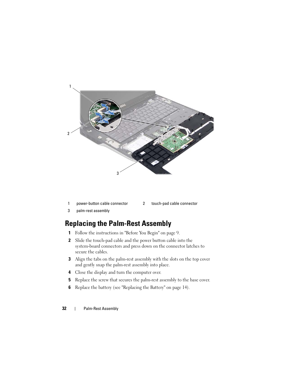 Replacing the palm-rest assembly, 4 close the display and turn the computer over | Dell XPS 15 (L501X, Late 2010) User Manual | Page 32 / 114